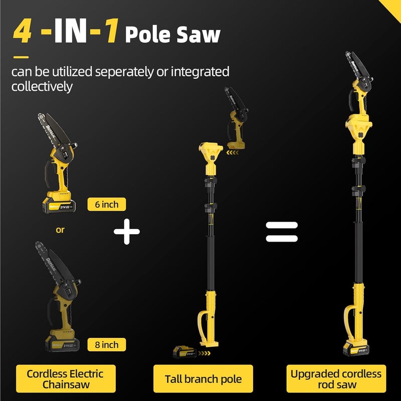 DEHANTOOLS 4-in-1 Electric Pole Saw for Tree Trimming, 6 Inch and 8 Inch Cordless Chainsaw with 2×4.0 Ah Batteries, Mini Chainsaw Cordless with Extension Pole, Battery Powered Pole Chain Saw for Branch Cutter - Image 2